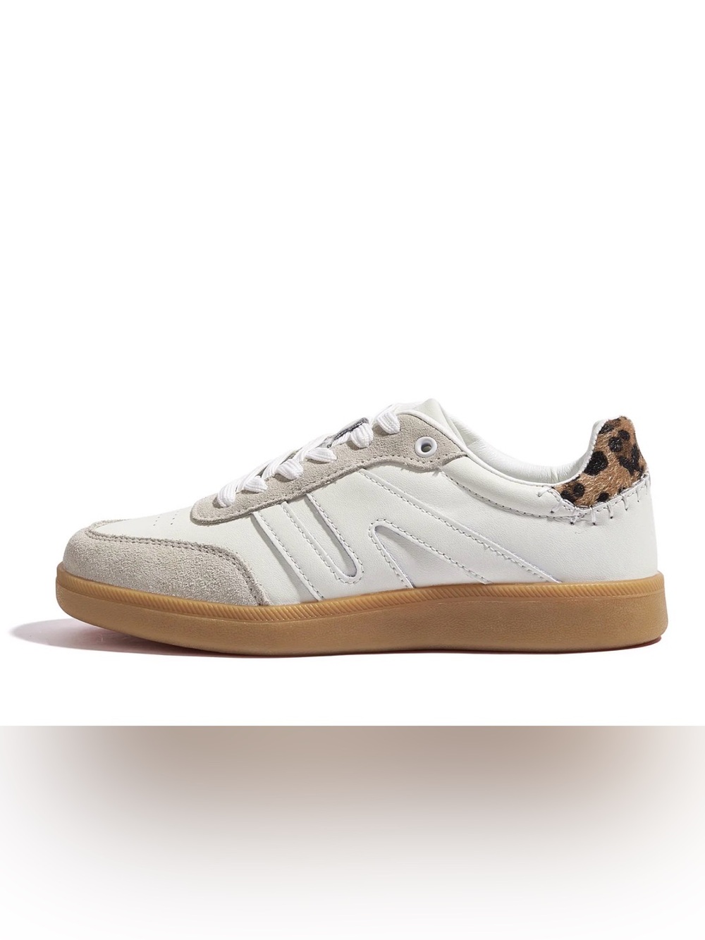 Women's White Athletic Sneakers with Leopard Heel Accent